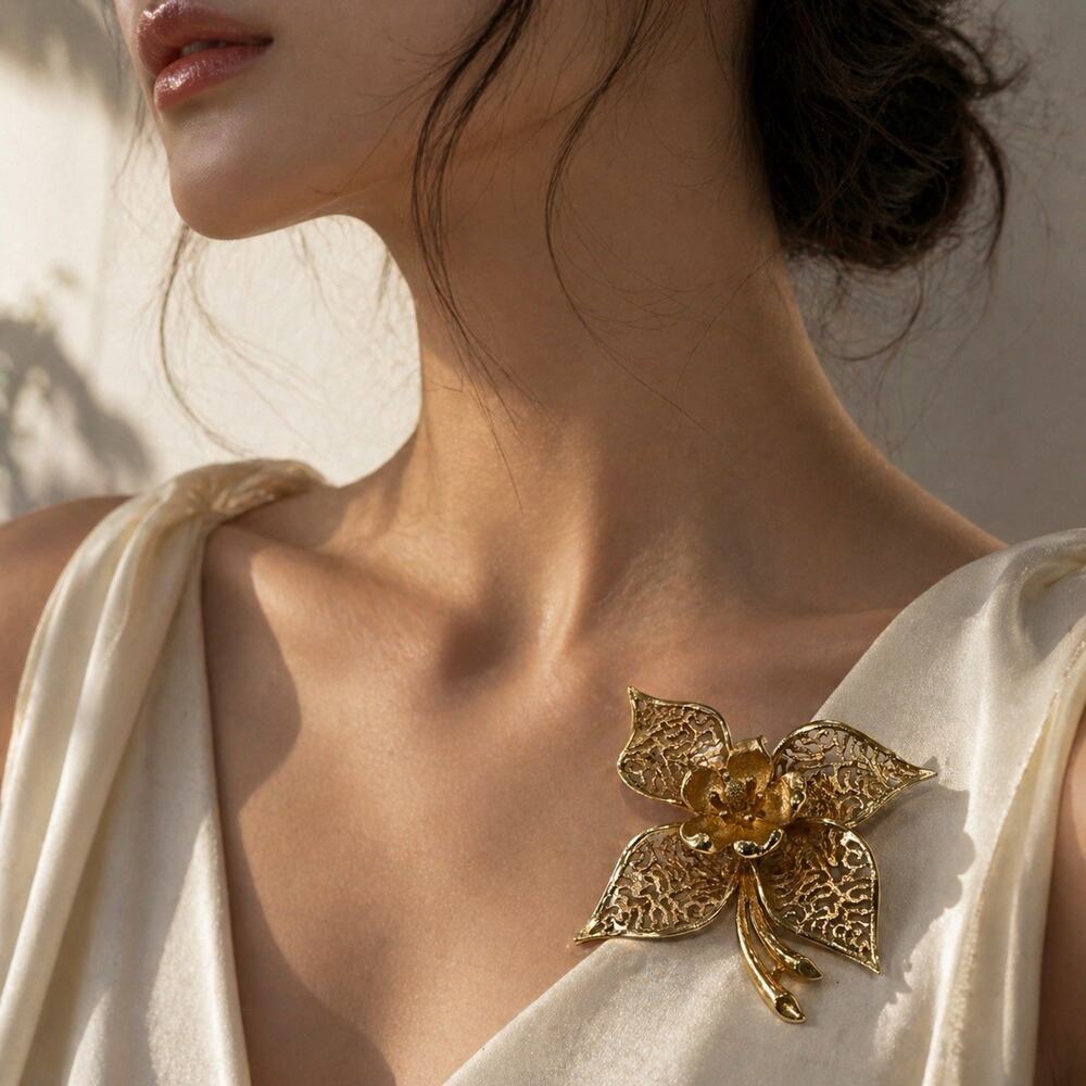 Vintage Coro Gold Tone Filigree Flower Brooch Pin Floral Mid Century Signed Mcm